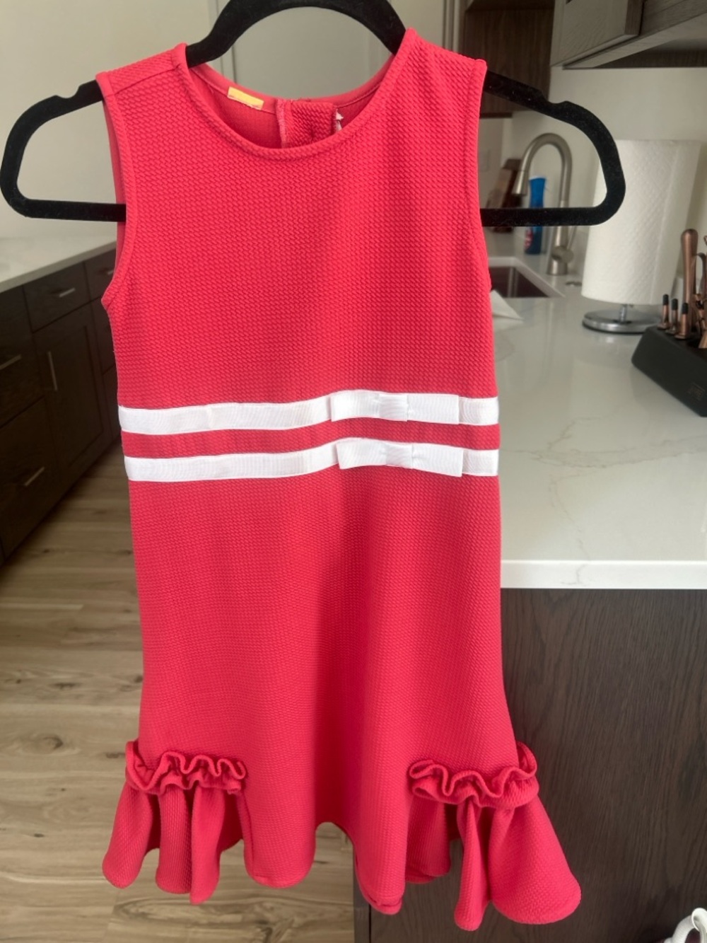Custom Interview Red Girls' Sleeveless Knit Dress with White Waist Stripes